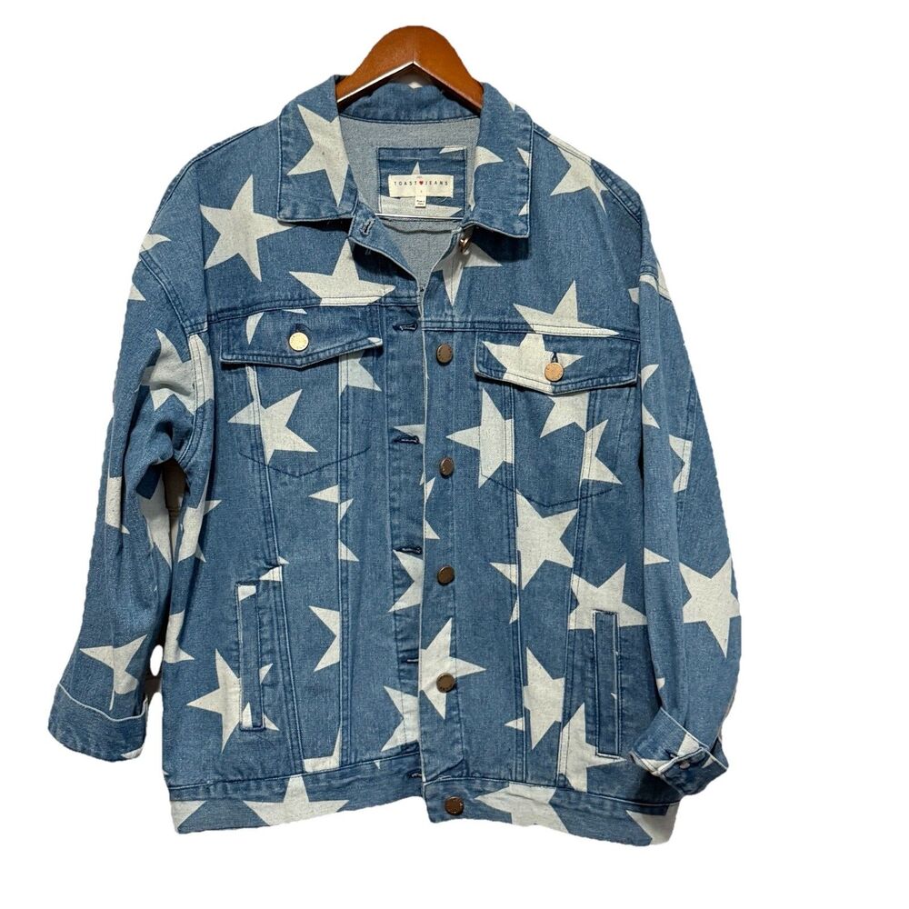 Toast Jeans Denim Jean Jacket Womens Small Blue White Star Print Long Sleeve